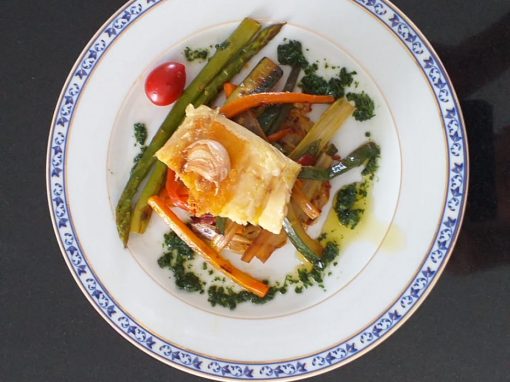 Grilled cod and small sautéed vegetables